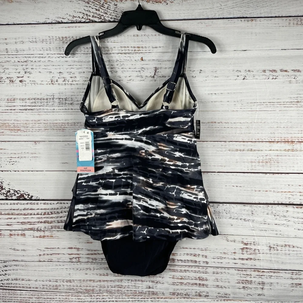 Swim Solutions Coastal Plates Black Tiered Tummy Control One-Piece Size 8 - Picture 6 of 9